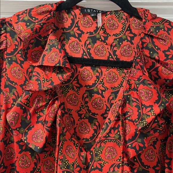 1. State Scarlet and Ebony Patterned Ruffle Blouse - Picture 3 of 13